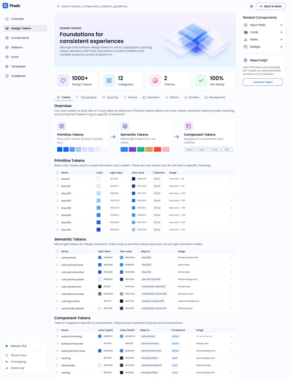 Design Token Manager: token categories and color token tables